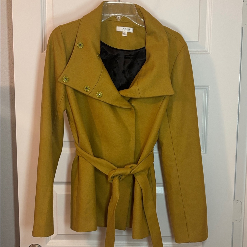 VTG Kenar Mustard cropped Trench Coat felt crossover wool blend SZ L belted - Picture 3 of 15
